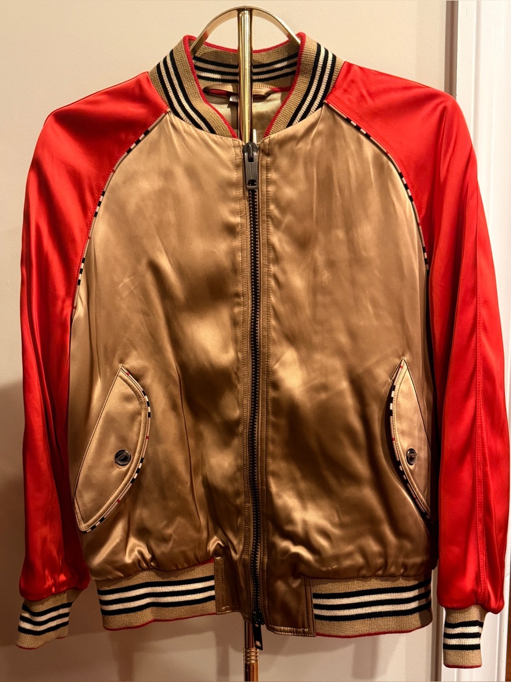 Burberry TB Monogram Satin Bomber / Varsity Jacket – Gold & Red